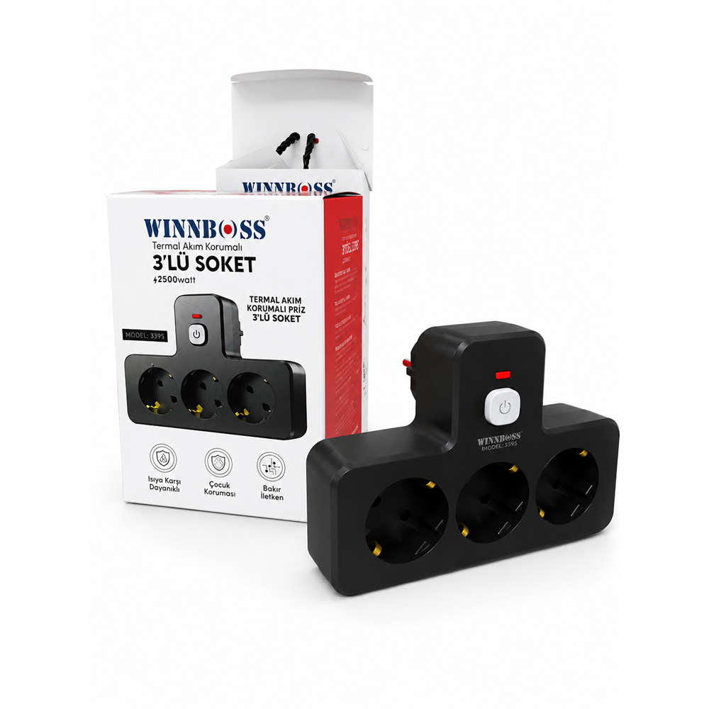 WINBOSS WB-3395 TERMAL AKIM KORUMALI PRİZ T MODEL (3 PRİZ + 2500 W)