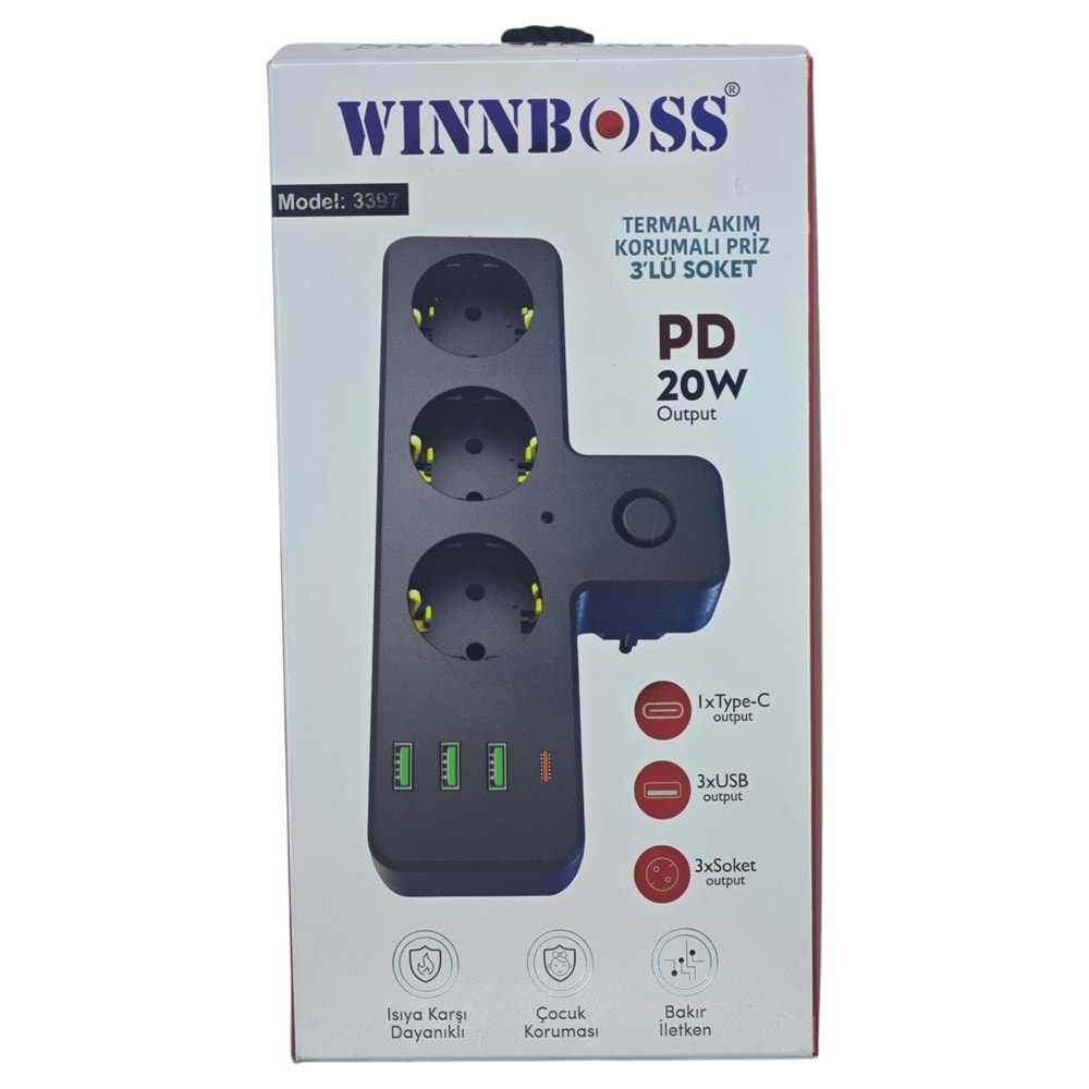 WINBOSS WB-3397 TERMAL AKIM KORUMALI PRİZ T MODEL (3 PRİZ + 4 USB + 2500W)
