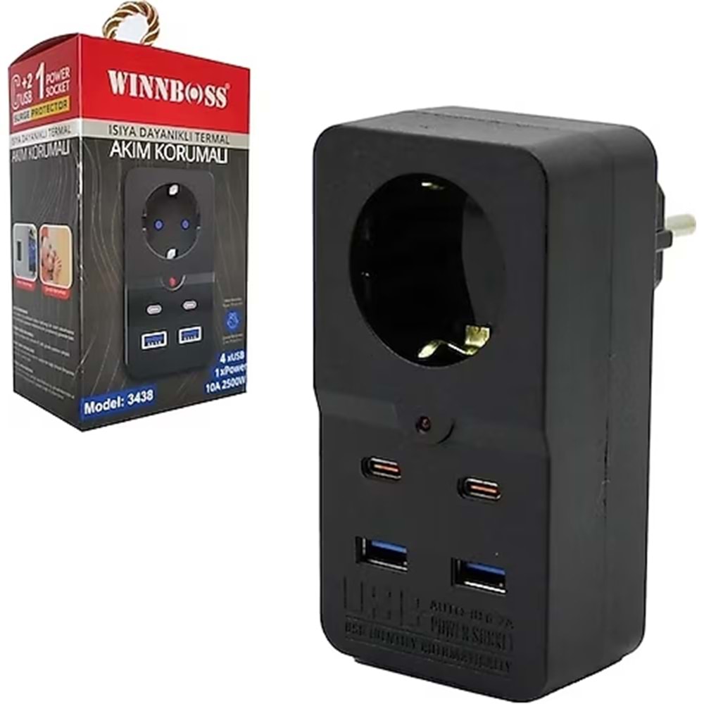 WINBOSS WB-3438 TEKLİ AKIM KORUMALI PRİZ ( 1 PRİZ + 4 USB + 2500W)