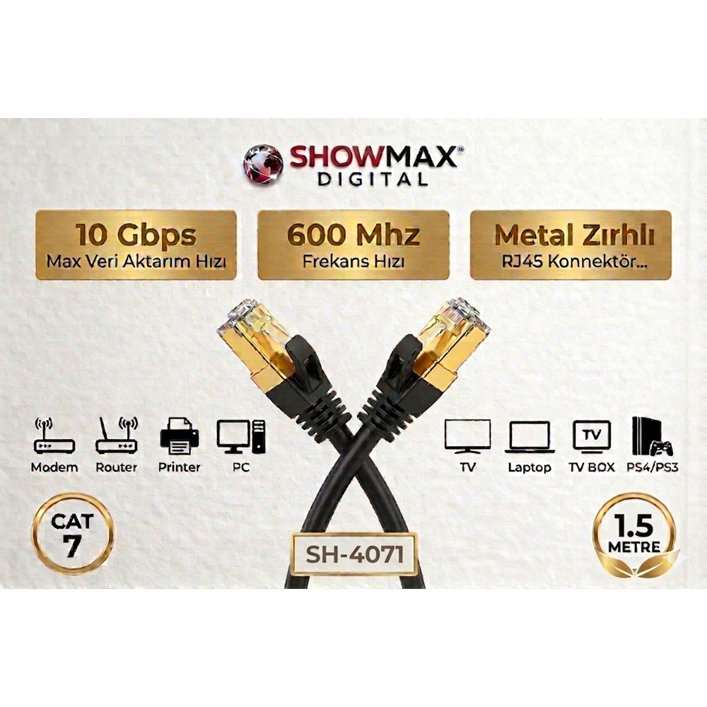 SHOWMAX SH-4071 CAT7 1.5 METRE GOLD UÇLU SİYAH ETHERNET KABLOSU