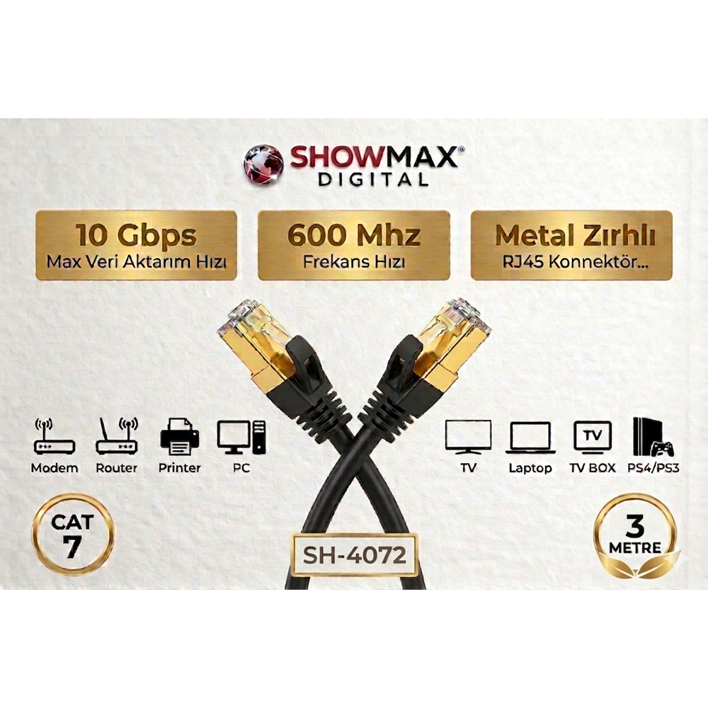 SHOWMAX SH-4072 CAT7 3 METRE GOLD UÇLU SİYAH ETHERNET KABLOSU