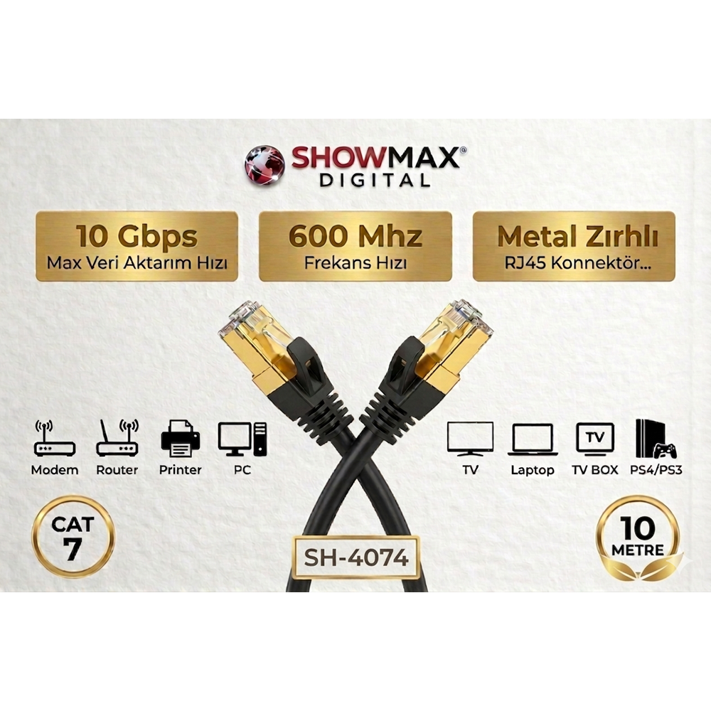 SHOWMAX SH-4074 CAT7 10 METRE GOLD UÇLU SİYAH ETHERNET KABLOSU