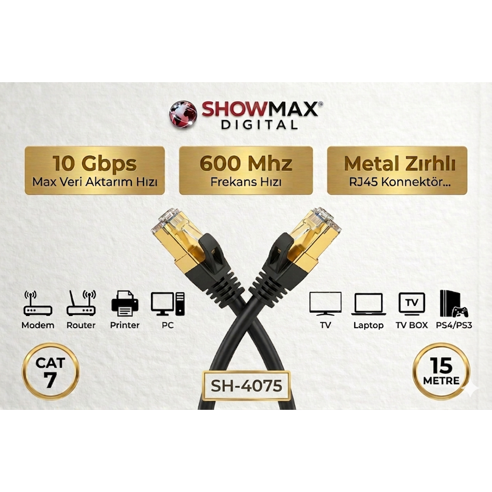 SHOWMAX SH-4075 CAT7 15 METRE GOLD UÇLU SİYAH ETHERNET KABLOSU