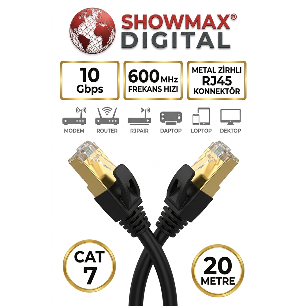 SHOWMAX SH-4076 CAT7 20 METRE GOLD UÇLU SİYAH ETHERNET KABLOSU