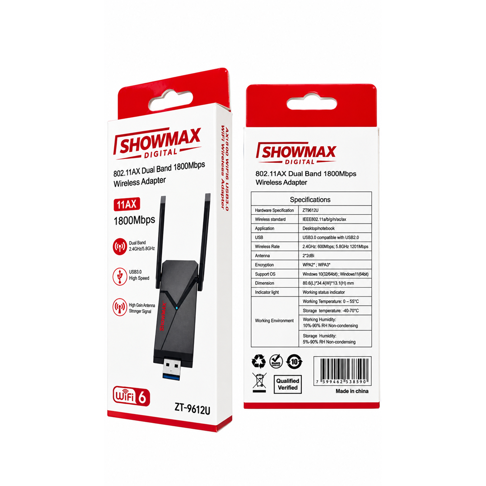 SHOWMAX SH-4199 1800 MBPS WİFİ 6 802.11AX DUAL BAND ÇİFT ANTENLİ WİFİ ADAPTER