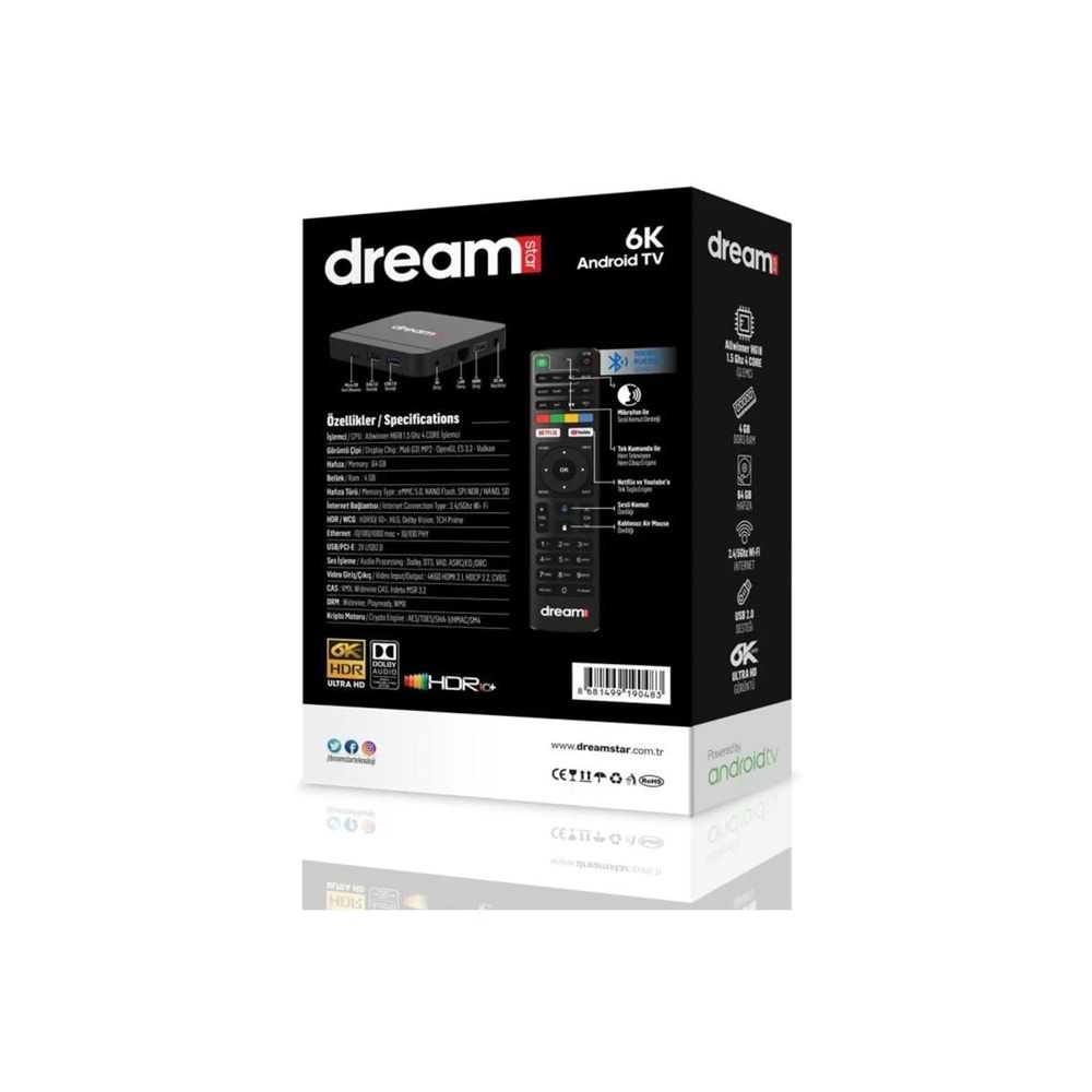 DREAMSTAR İ6 4GB RAM 64GB HAFIZA 4K ULTRA HD ANDROID TV BOX