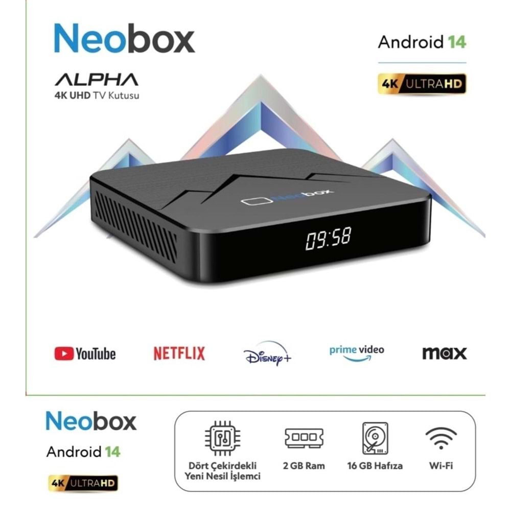 NEOBOX ALPHA 2GB RAM 16GB HAFIZA ANDROID 14 4K UHD TV BOX DREAMSTAR