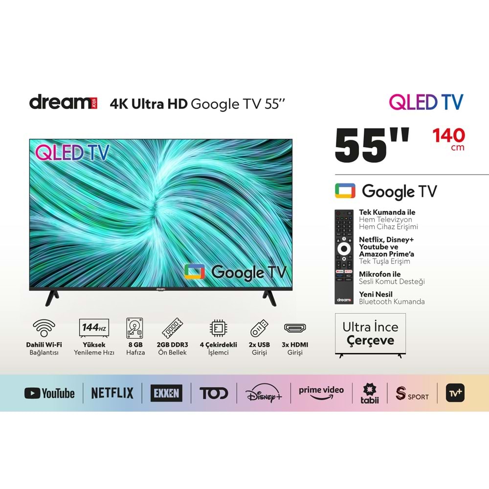 DREAMSTAR 55DSE101 55 INC 140 EKRAN UHD 4K GOOGLE TV SMART QLED TV