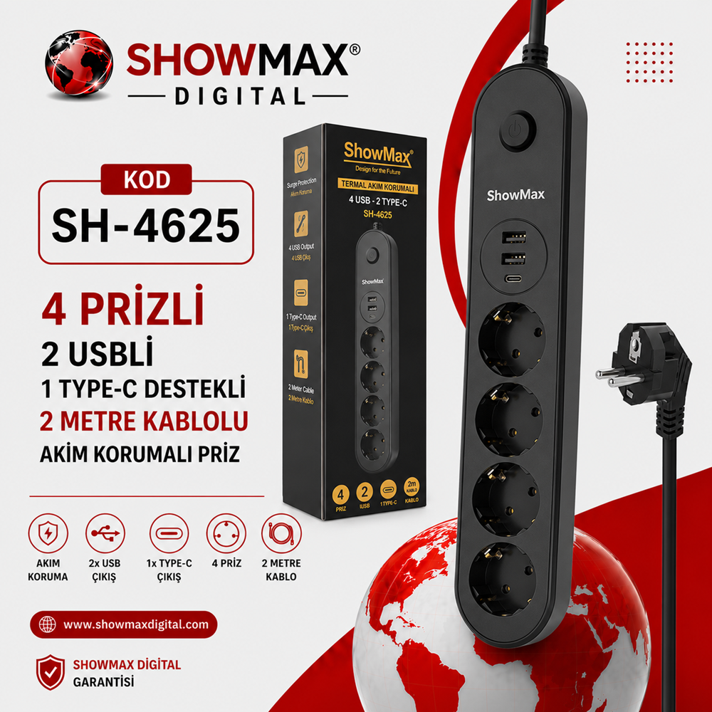 SHOWMAX SH-4625 TERMAL AKIM KORUMALI PRİZ 2 METRE (4 PRİZ + 2 USB + 1 TYPE-C)
