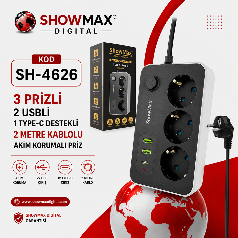 SHOWMAX SH-4626 TERMAL AKIM KORUMALI PRİZ 2 METRE KARE MODEL (3 PRİZ + 2 USB + 1 TYPE-C)