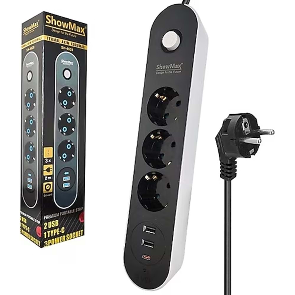 SHOWMAX SH-4628 TERMAL AKIM KORUMALI UZATMA KABLOSU(3 PRİZ + 2 USB + 1 TYPE-C)