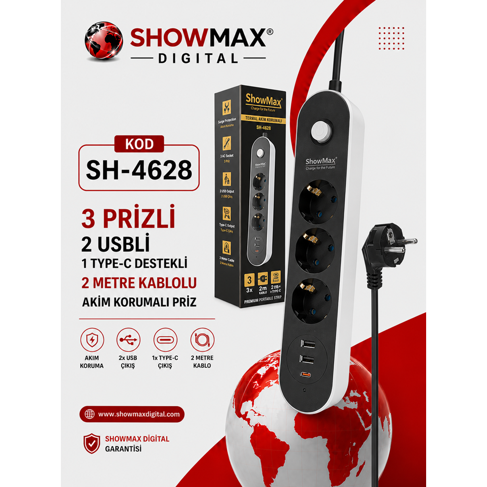 SHOWMAX SH-4628 TERMAL AKIM KORUMALI PRİZ 2 METRE (3 PRİZ + 2 USB + 1 TYPE-C)