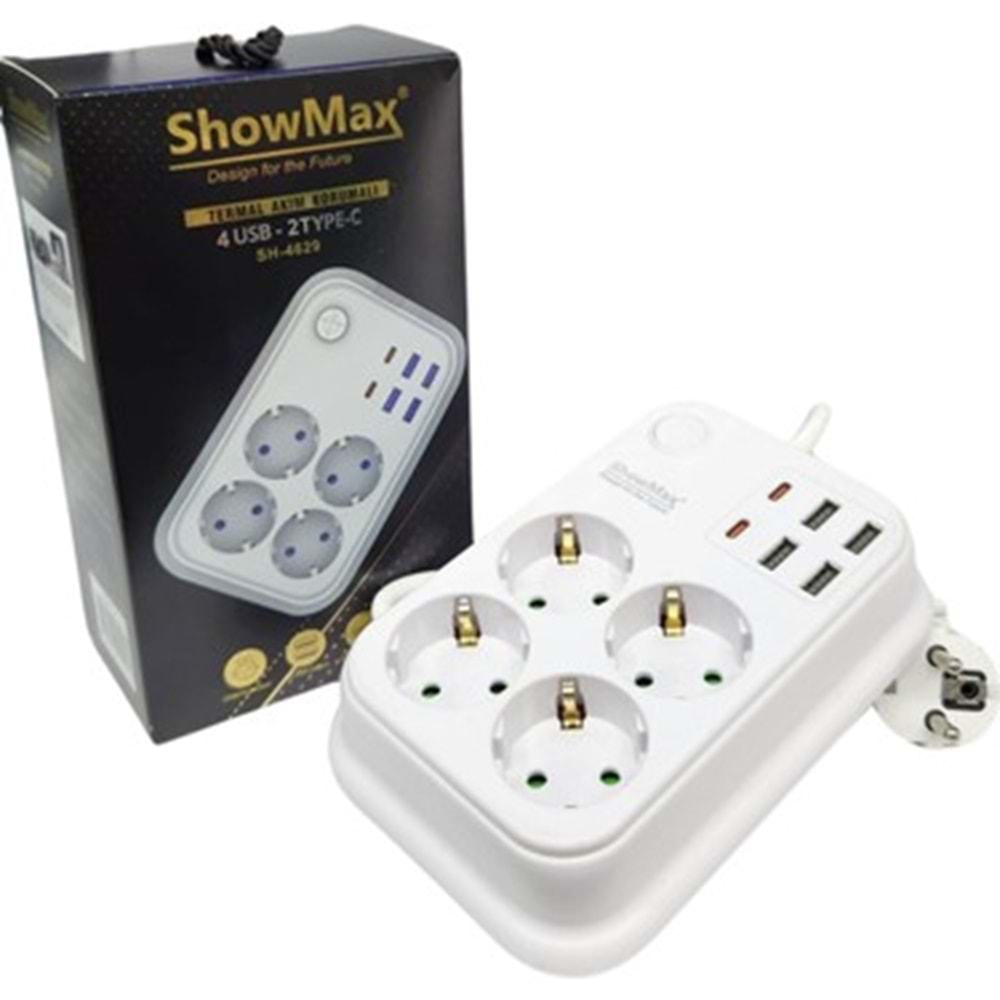 SHOWMAX SH-4629 TERMAL AKIM KORUMALI PRİZ 2 MT.(4 PRİZ + 4 USB + 2 TYPE-C)