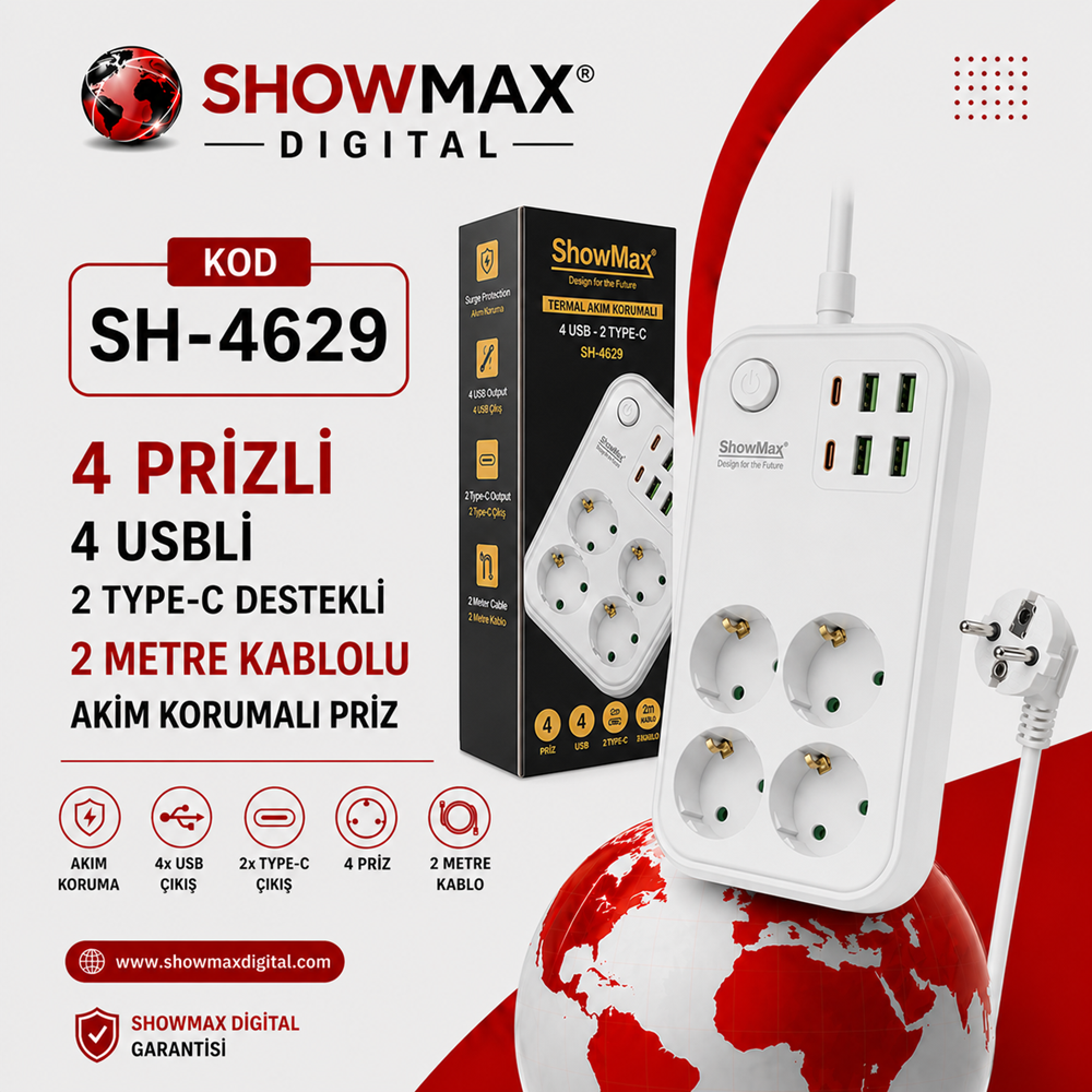 SHOWMAX SH-4629 TERMAL AKIM KORUMALI PRİZ 2 METRE KARE MODEL (4 PRİZ + 4 USB + 2 TYPE-C)