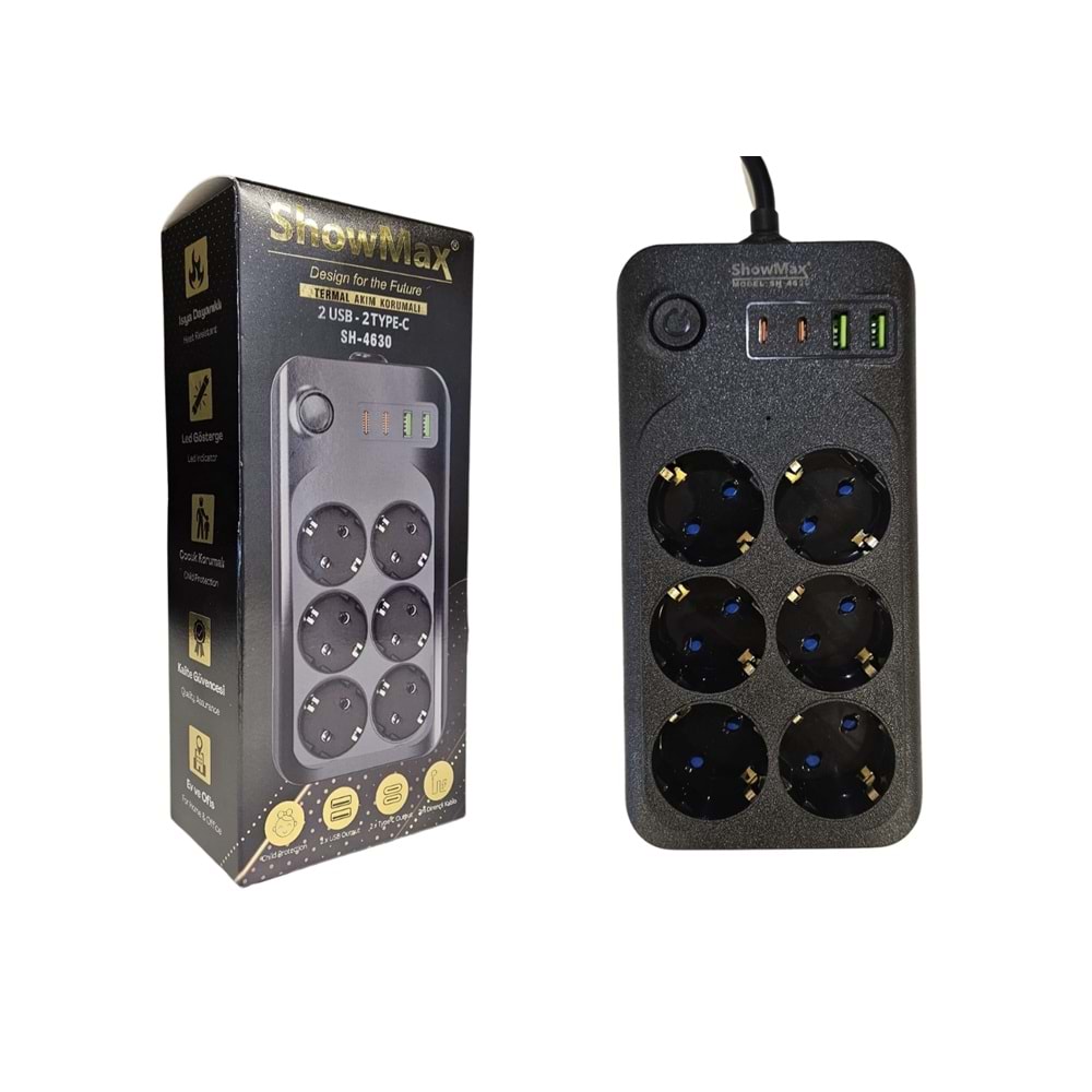 SHOWMAX SH-4630 TERMAL AKIM KORUMALI UZATMA KABLOSU 2 MT. ( 6 PRİZ + 2 USB + 2 TYPE-C)