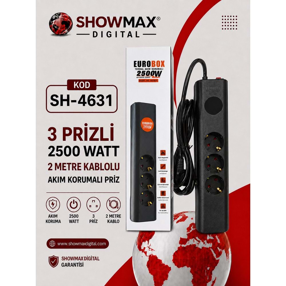 EUROBOX SH-4631 3 PRİZLİ 2500 WATT 2 METRE KABLOLU AKIM KORUMALI PRİZ