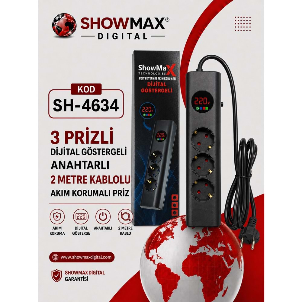 SHOWMAX SH-4634 3 PRİZLİ DİJİTAL GÖSTERGELİ ANAHTARLI 2 METRE KABLOLU AKIM KORUMALI PRİZ