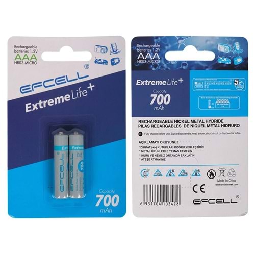 EFCELL 1.2V AAA İNCE 700 MAH ŞARJLI PİL 2Lİ PAKET