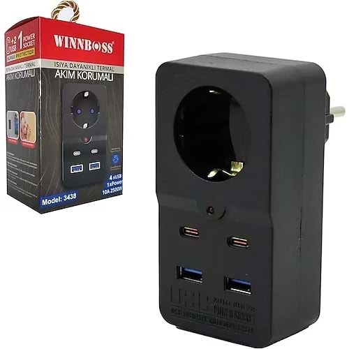 WINBOSS WB-3438 TEKLİ AKIM KORUMALI PRİZ ( 1 PRİZ + 4 USB + 2500W)