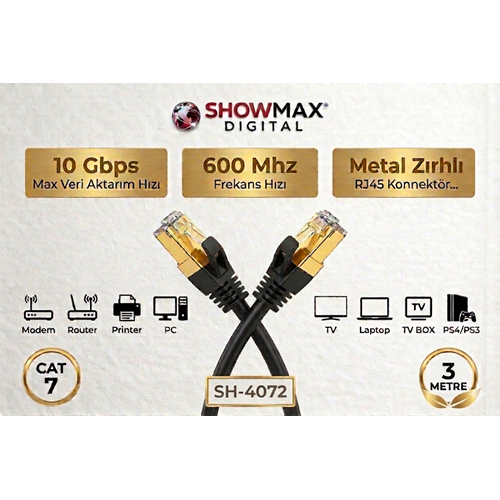 SHOWMAX SH-4072 CAT7 3 METRE GOLD UÇLU SİYAH ETHERNET KABLOSU