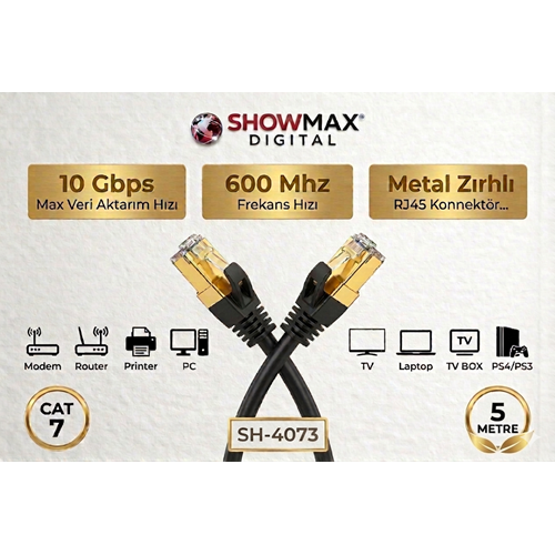 SHOWMAX SH-4073 CAT7 5 METRE GOLD UÇLU SİYAH ETHERNET KABLOSU