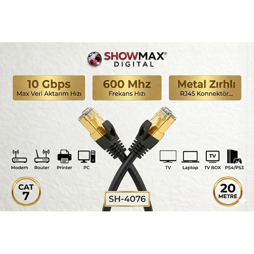 SHOWMAX SH-4076 CAT7 20 METRE GOLD UÇLU SİYAH ETHERNET KABLOSU
