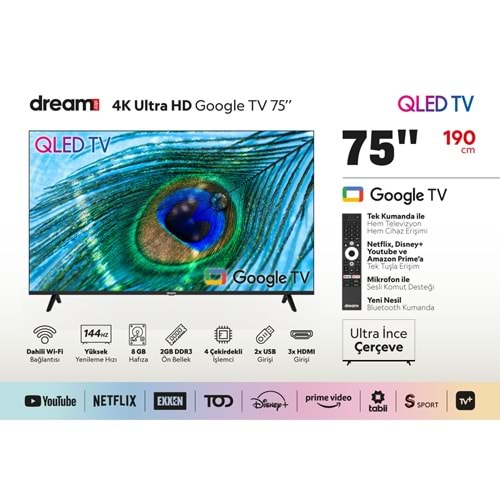 DREAMSTAR 75DSE101 75 INC 190 EKRAN UHD 4K GOOGLE TV SMART QLED TV