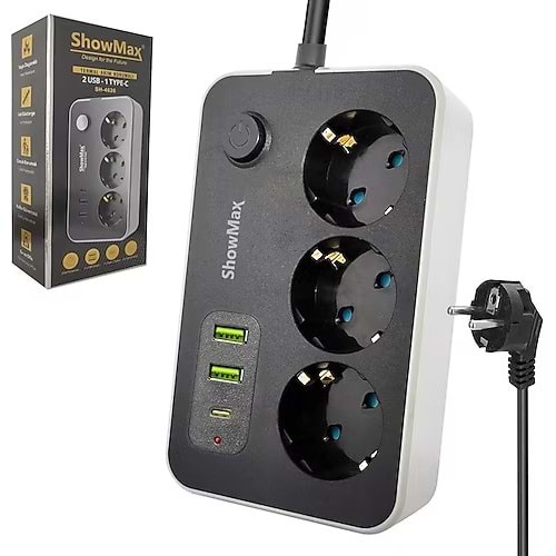 SHOWMAX SH-4626 TERMAL AKIM KORUMALI PRİZ (3 PRİZ + 2 USB + 1 TYPE-C)