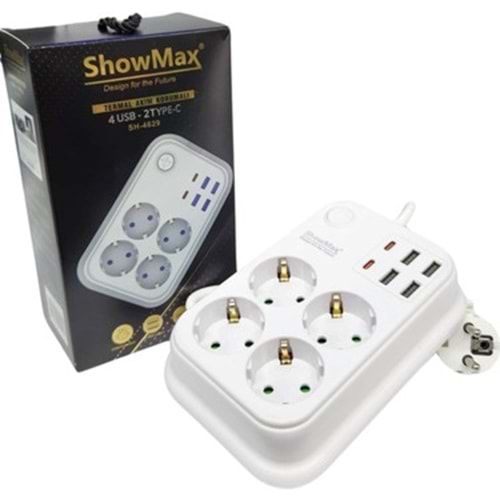 SHOWMAX SH-4629 TERMAL AKIM KORUMALI PRİZ 2 MT.(4 PRİZ + 4 USB + 2 TYPE-C)