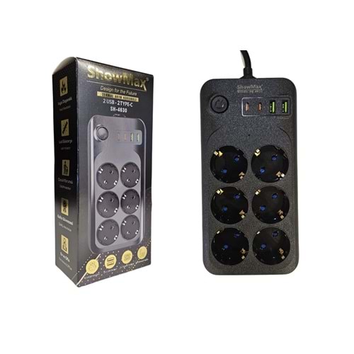 SHOWMAX SH-4630 TERMAL AKIM KORUMALI UZATMA KABLOSU 2 MT. ( 6 PRİZ + 2 USB + 2 TYPE-C)