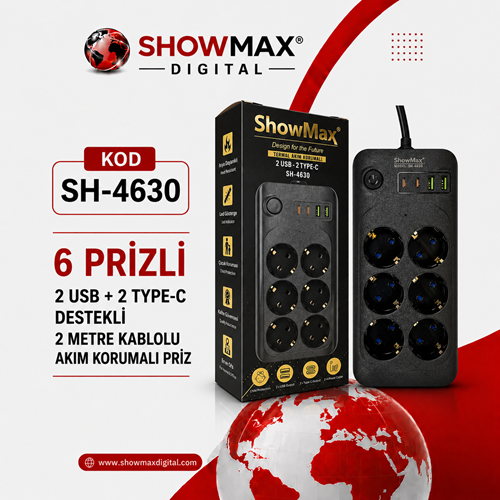 SHOWMAX SH-4630 TERMAL AKIM KORUMALI PRİZ 2 METRE ( 6 PRİZ + 2 USB + 2 TYPE-C)