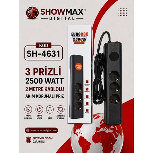 EUROBOX SH-4631 3 PRİZLİ 2500 WATT 2 METRE KABLOLU AKIM KORUMALI PRİZ