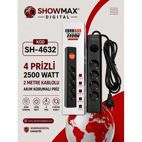 EUROBOX SH-4632 4 PRİZLİ 2500 WATT 2 METRE KABLOLU AKIM KORUMALI PRİZ
