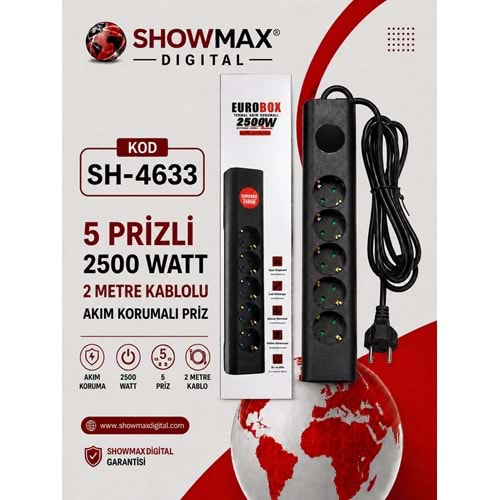 EUROBOX SH-4633 5 PRİZLİ 2500 WATT 2 METRE KABLOLU AKIM KORUMALI PRİZ