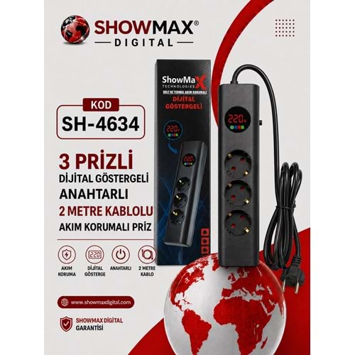 SHOWMAX SH-4634 3 PRİZLİ DİJİTAL GÖSTERGELİ ANAHTARLI 2 METRE KABLOLU AKIM KORUMALI PRİZ
