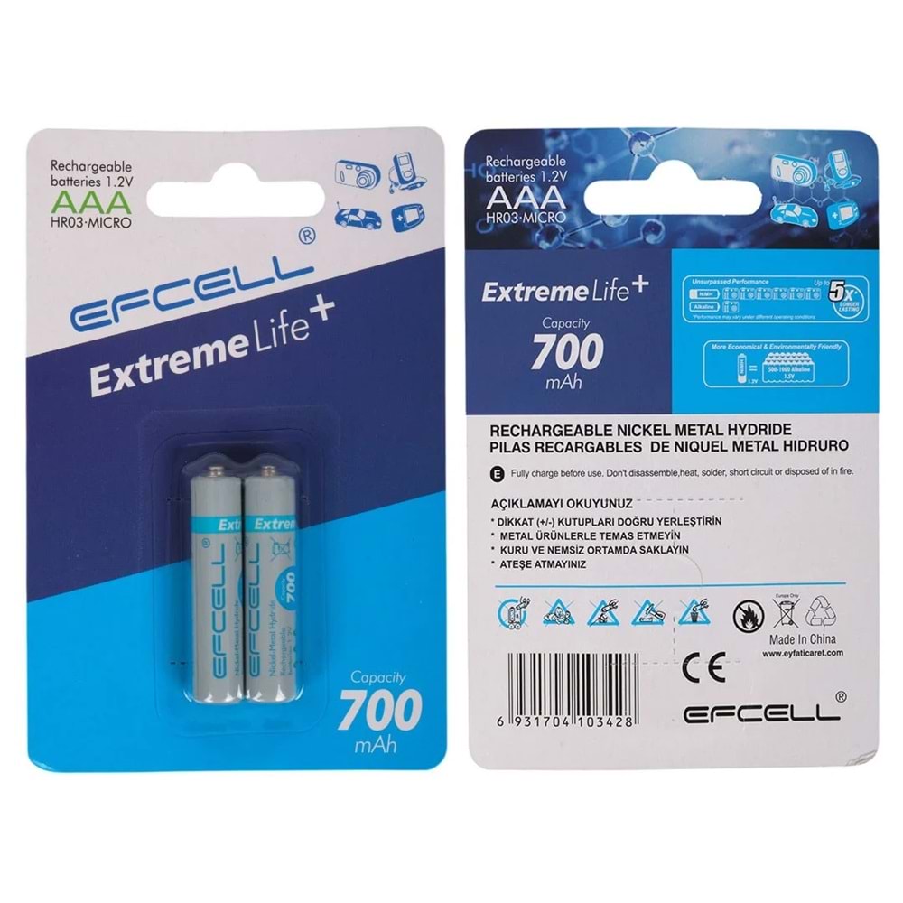 EFCELL 1.2V AAA İNCE 700 MAH ŞARJLI PİL 2Lİ PAKET