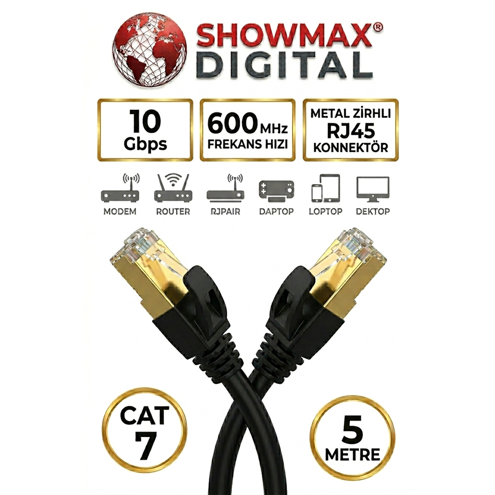 SHOWMAX SH-4073 CAT7 5 METRE GOLD UÇLU SİYAH ETHERNET KABLOSU