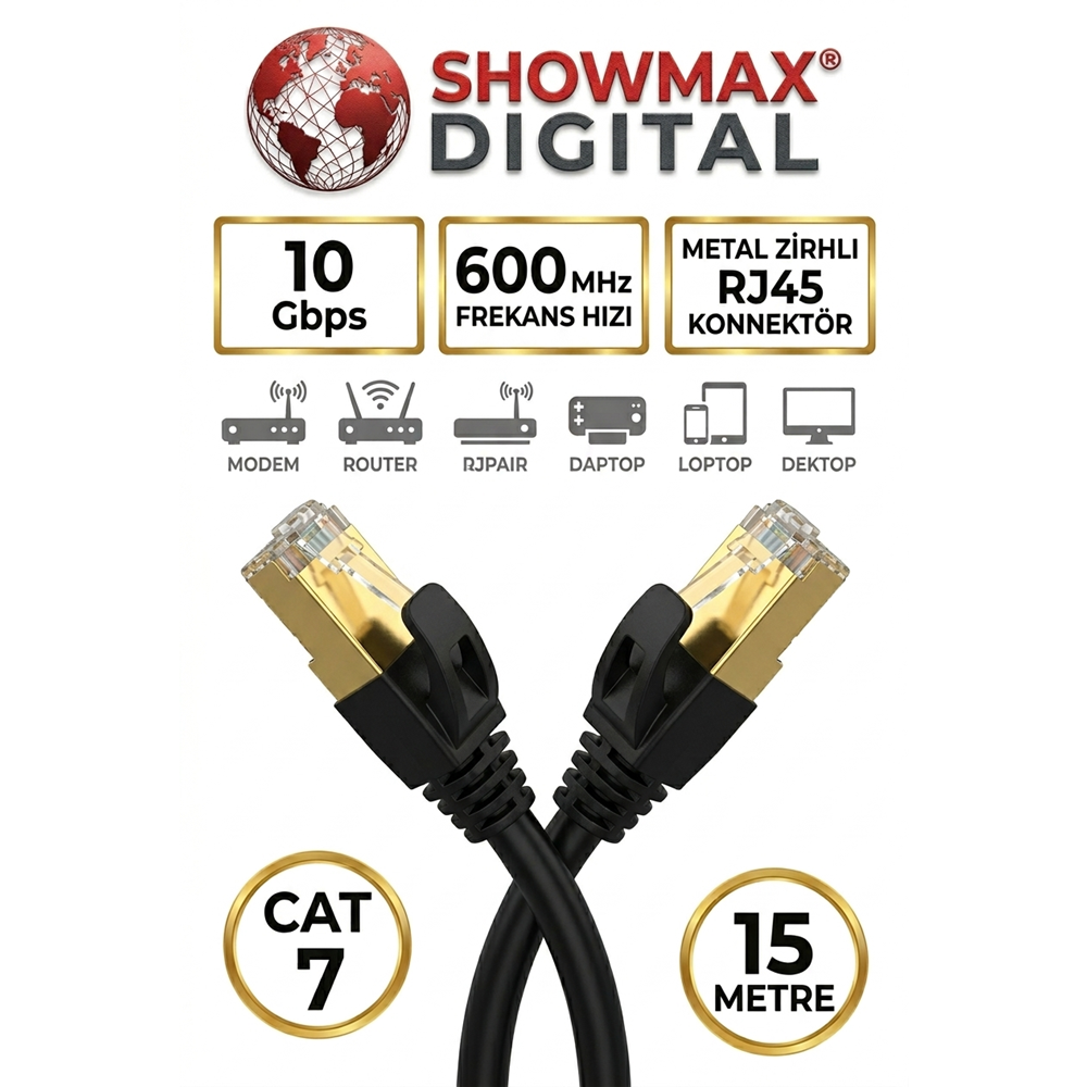 SHOWMAX SH-4075 CAT7 15 METRE GOLD UÇLU SİYAH ETHERNET KABLOSU
