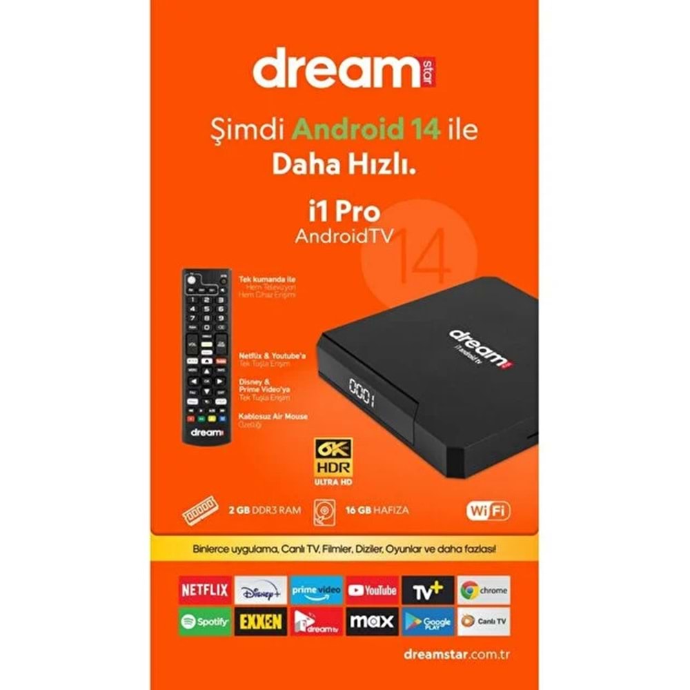DREAMSTAR İ1 2GB RAM 16GB HAFIZA ANDROID 14 4K ULTRA HD ANDROID TV BOX