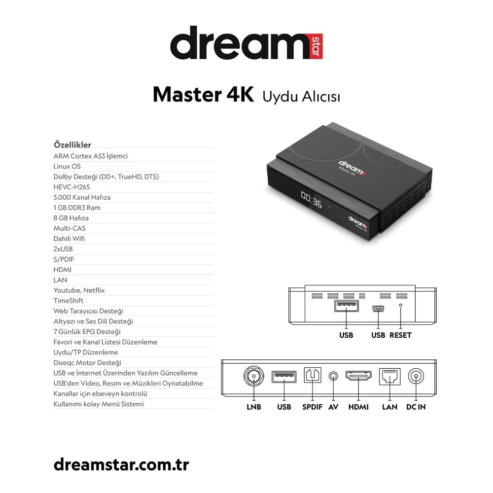 DREAMSTAR MASTER 4K 8GB 1GB DDR UHD LİNUX UYDU ALICISI